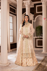 Woman in embroidered beige formal dress with dupatta, LA ELISE fashion, elegant indoor setting