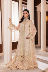 Woman in elegant beige embroidered formal dress with gold details, LA ELISE fashion