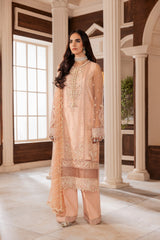 Woman modeling peach embroidered formal dress and dupatta, LA ELISE women’s fashion