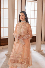 Woman in peach embroidered formal dress with dupatta, jewelry, at LA ELISE fashion store