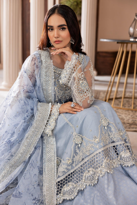Woman in elegant blue embroidered formal dress from LA ELISE women's fashion collection