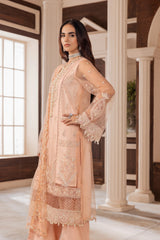 Woman in peach embroidered formal dress at LA ELISE, showcasing Pakistani fashion