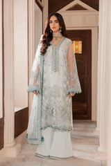 Woman wearing embroidered pastel blue formal suit with dupatta, LA ELISE women's fashion.