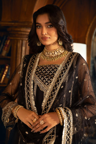 Woman wearing black and gold embroidered formal dress with jewelry, LA ELISE fashion.