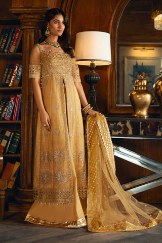 Woman in gold embroidered formal dress with dupatta, LA ELISE women’s fashion collection