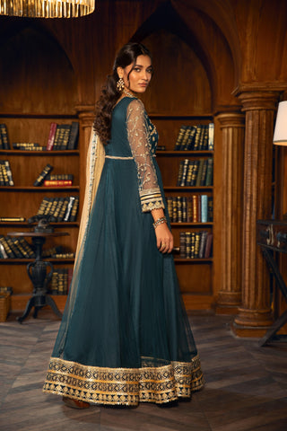 Woman in teal embroidered formal dress from LA ELISE standing in elegant library setting