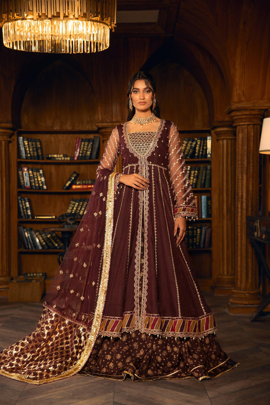 Woman in maroon embroidered formal dress by LA ELISE standing in elegant library
