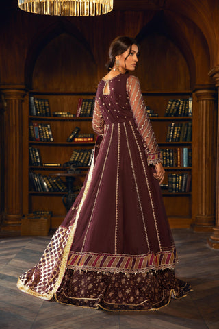 Woman in maroon embroidered formal dress from LA ELISE, standing in elegant library