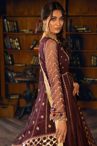 Woman in maroon and gold embroidered formal dress by LA ELISE, posing in a library setting