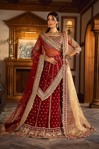Woman in red and gold embroidered formal lehenga with dupatta, LA ELISE women's fashion