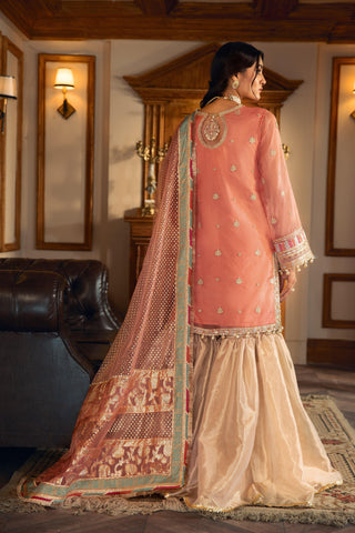 Woman in pink embroidered formal dress with dupatta, LA ELISE women's fashion collection