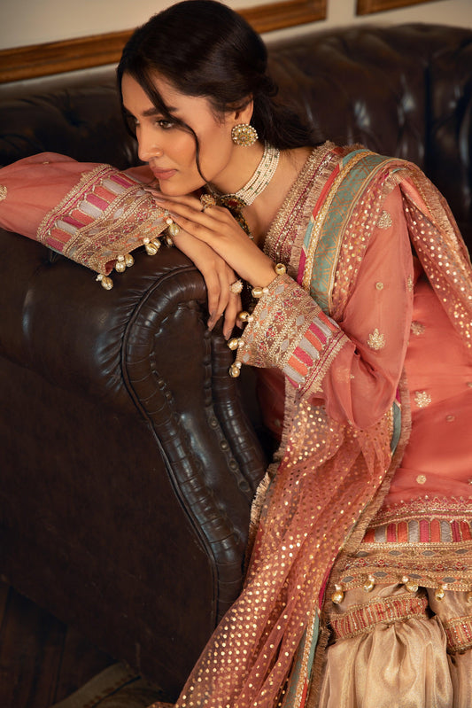 Woman in ornate peach and gold formal dress from LA ELISE, leaning on brown sofa