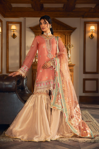 Woman wearing elegant embroidered peach Pakistani formal dress with dupatta at LA ELISE