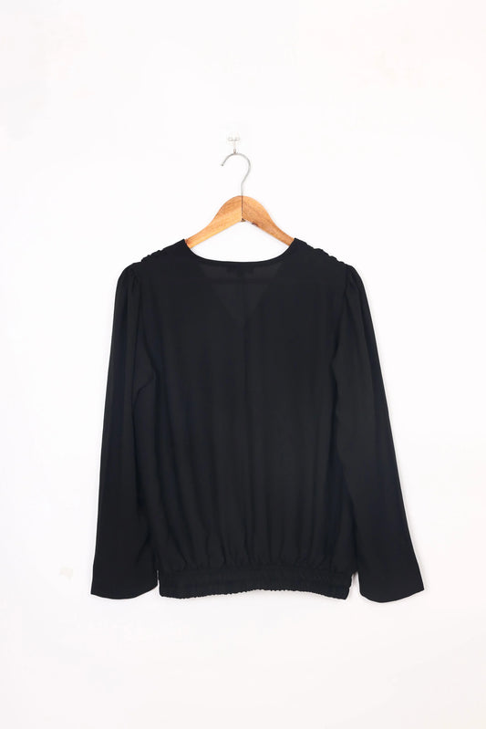 Black long sleeve women's top on wooden hanger, LA ELISE ready-to-wear fashion